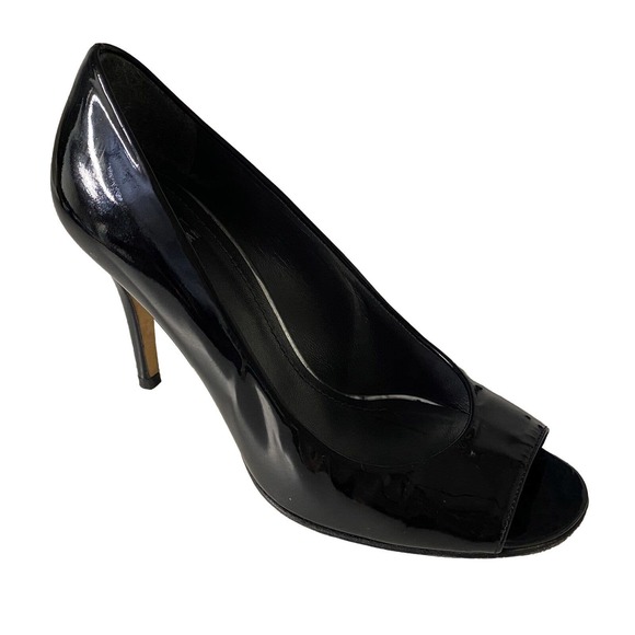 Stuart Weitzman Linda Peep Toe Pump Patent Leather Black Slim Heel Slip On 6.5 - Picture 1 of 6